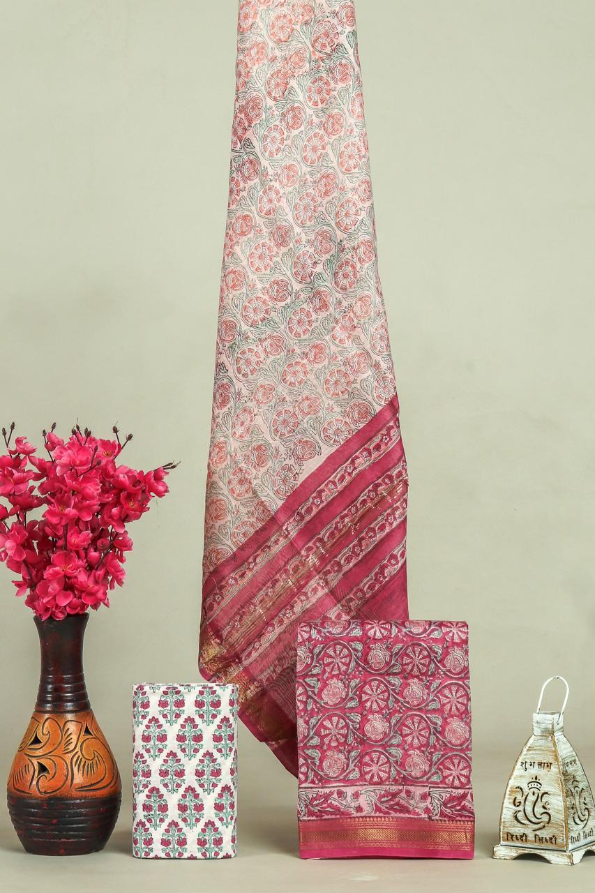 Handblock Maheshwari Zari Border Dress Material