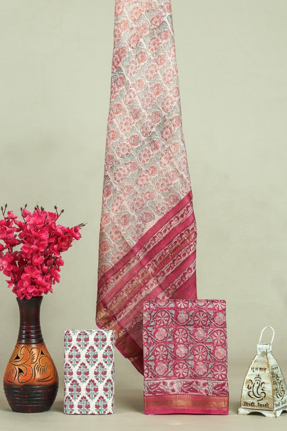 Handblock Maheshwari Zari Border Dress Material