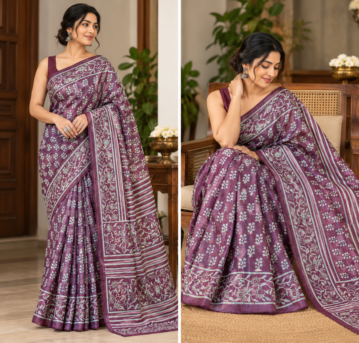 Pure Tussar Silk Handblock Printed Saree