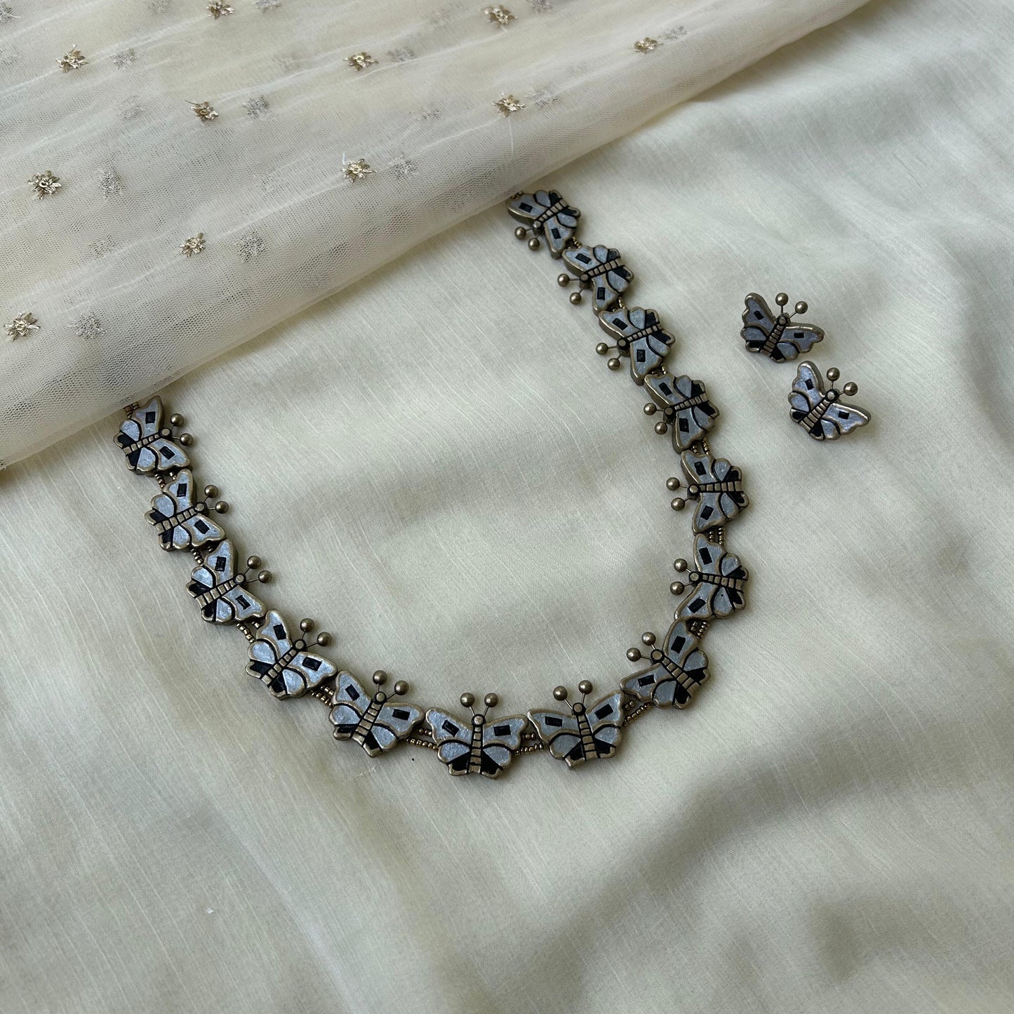 Handmade Butterfly Terracotta Necklace Set with Earrings