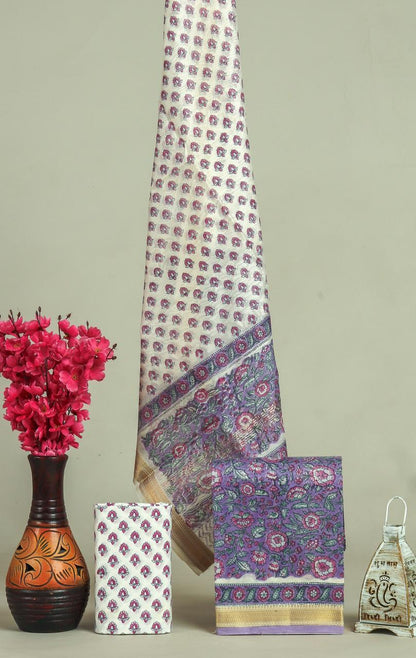 Handblock Maheshwari Zari Border Dress Material