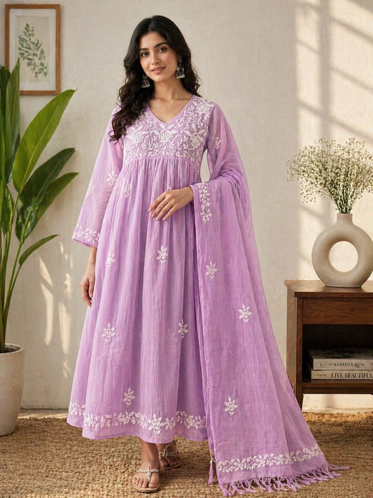 Pure MulMul Chikankari Gown with Dupatta