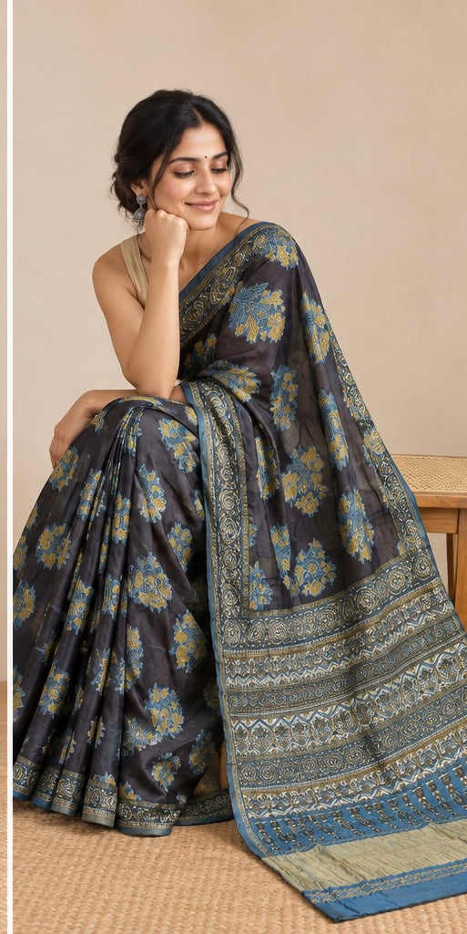 Pure Lagdi Patta Modal Gajji Silk Saree with Ajrakh & Bagru Prints