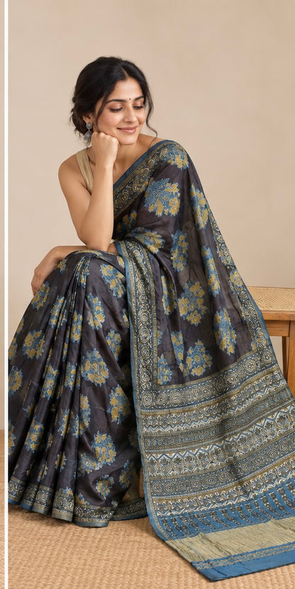 Pure Lagdi Patta Modal Gajji Silk Saree with Ajrakh & Bagru Prints