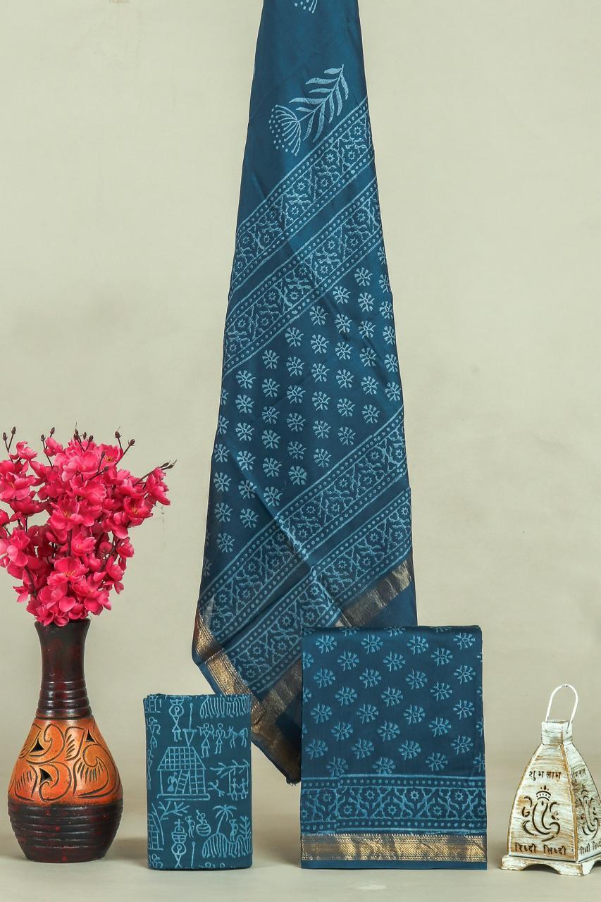 Handblock Maheshwari Zari Border Dress Material