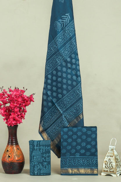 Handblock Maheshwari Zari Border Dress Material