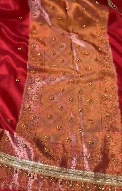 Banarasi Tissue Silk Saree with All-Over Ghungroo & Traditional Lace Border