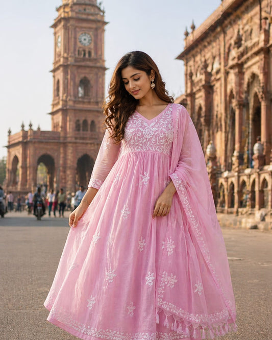Pure MulMul Chikankari Gown with Dupatta