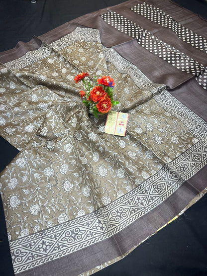 Pure Tussar Silk Handblock Printed Saree