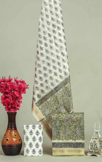 Handblock Maheshwari Zari Border Dress Material