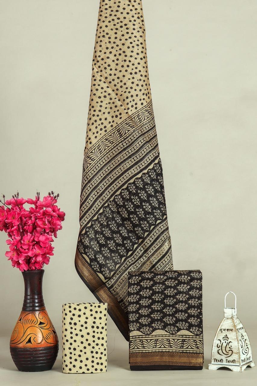 Handblock Maheshwari Zari Border Dress Material