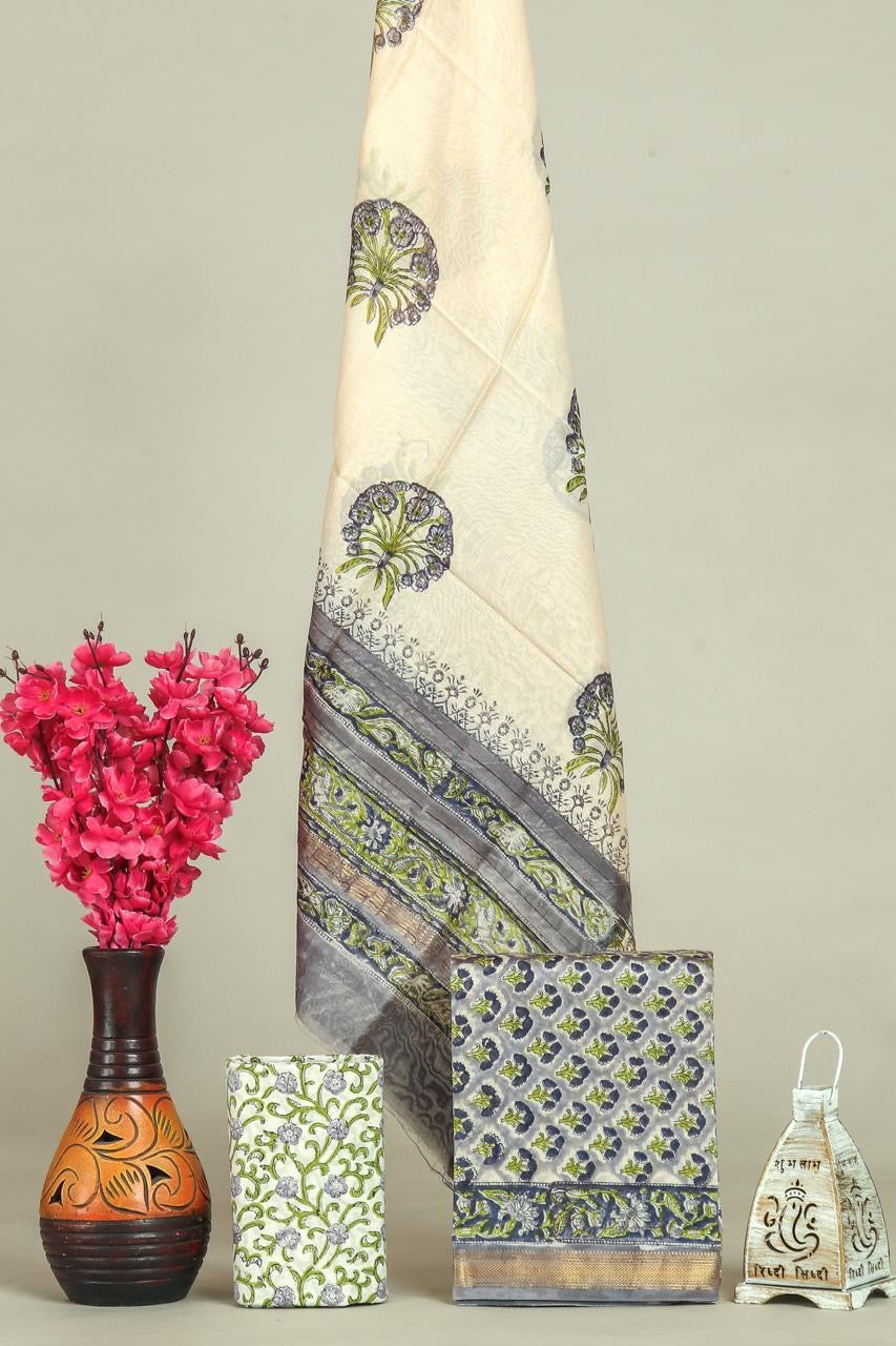 Handblock Maheshwari Zari Border Dress Material