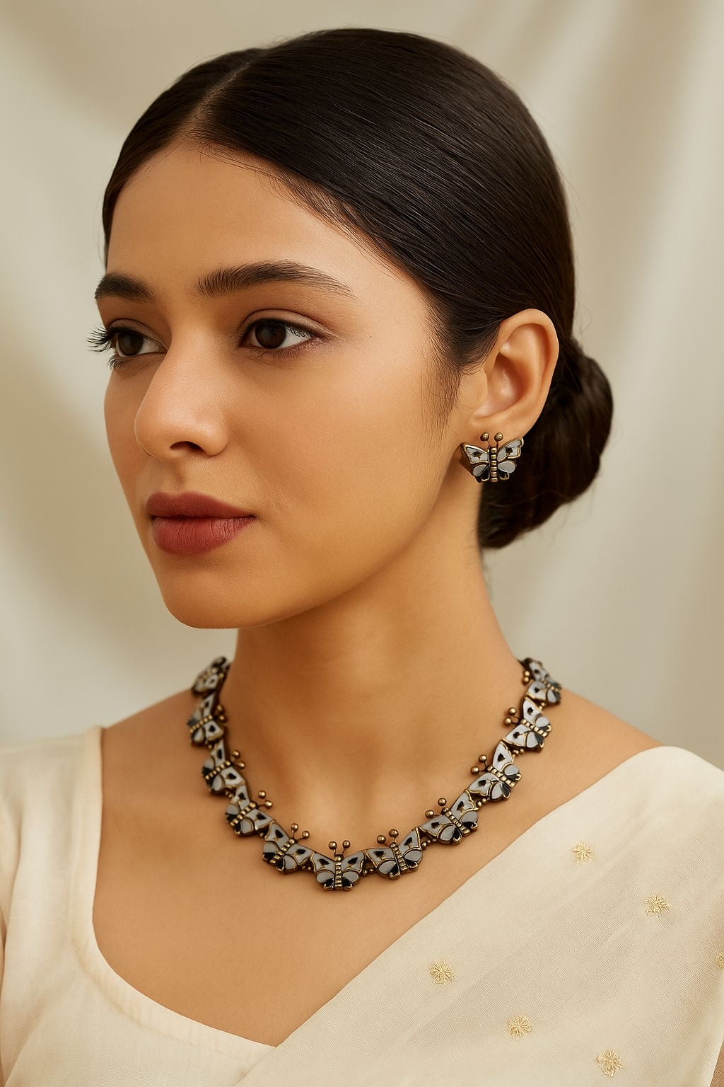 Handmade Butterfly Terracotta Necklace Set with Earrings