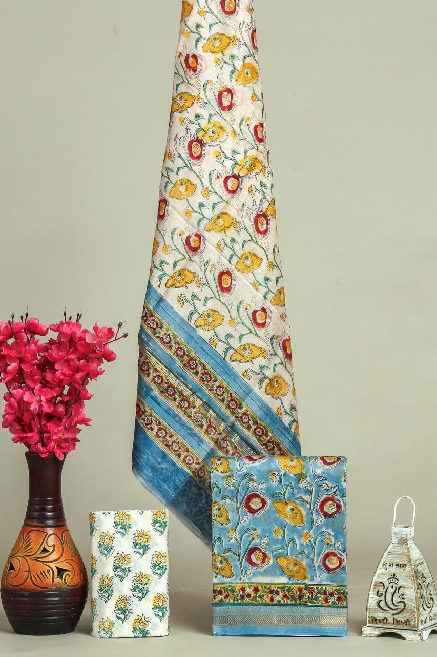 Handblock Maheshwari Zari Border Dress Material
