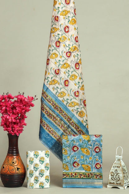 Handblock Maheshwari Zari Border Dress Material