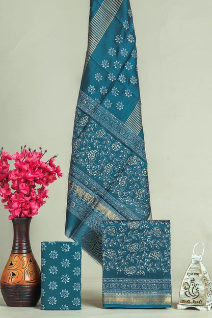 Handblock Maheshwari Zari Border Dress Material