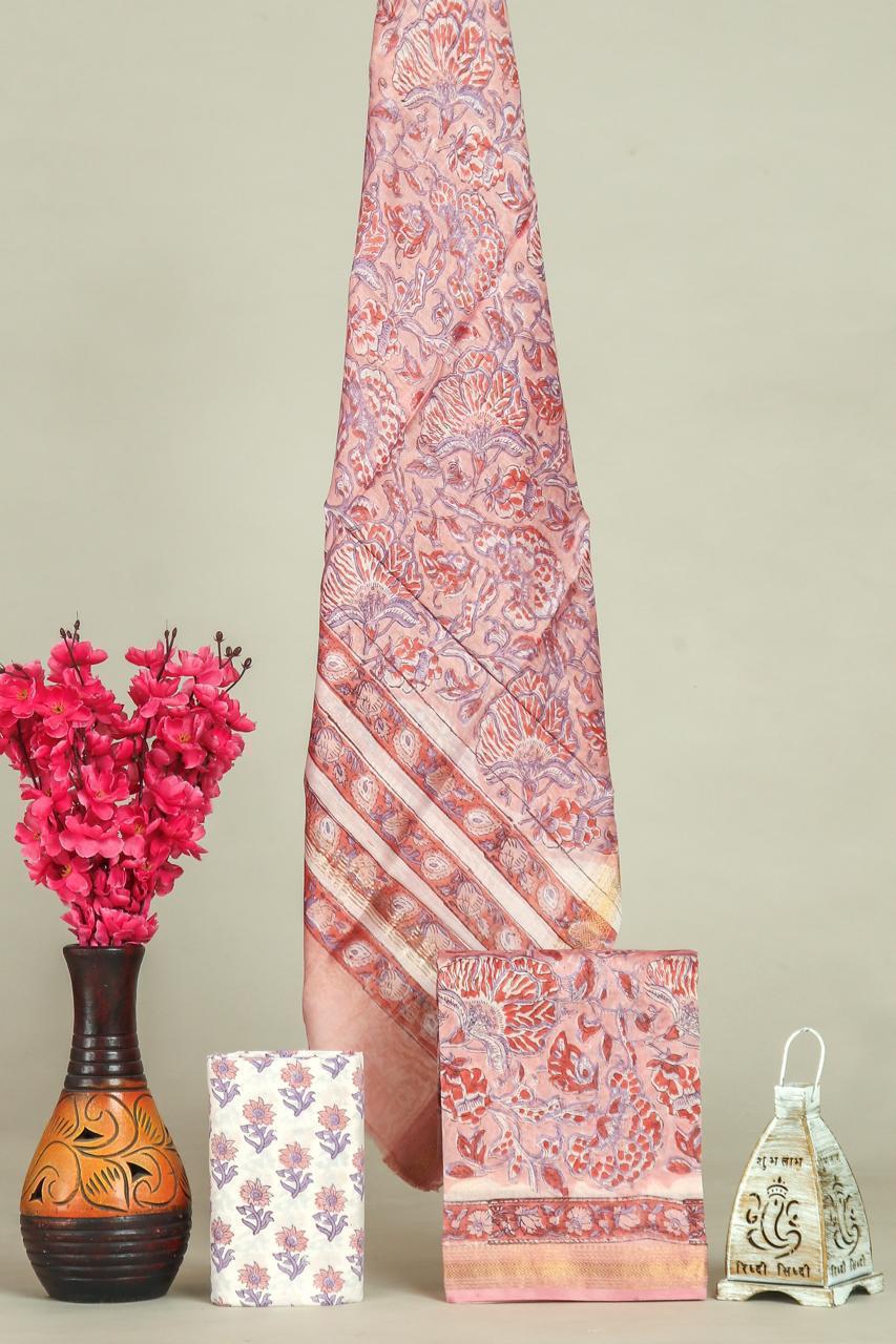 Handblock Maheshwari Zari Border Dress Material
