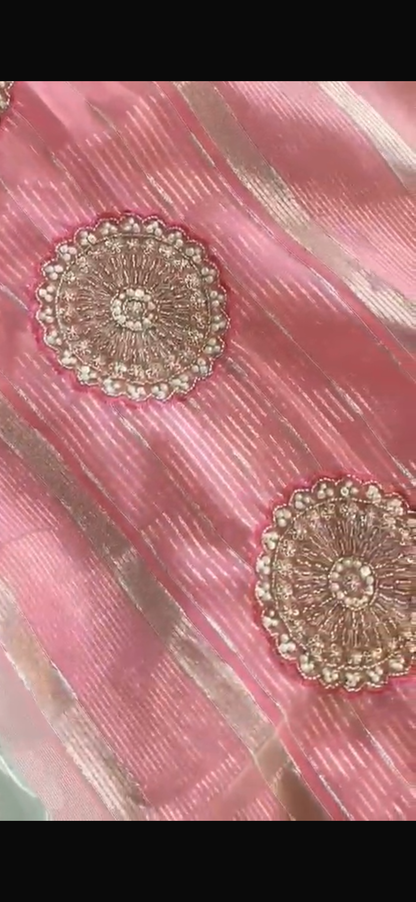 Pure Tissue Linen Silk Saree with Moti, Beads & Katdana Embroidery