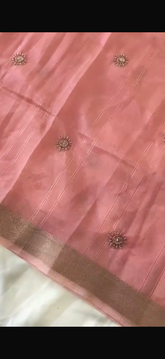 Pure Tissue Linen Silk Saree with Moti, Beads & Katdana Embroidery
