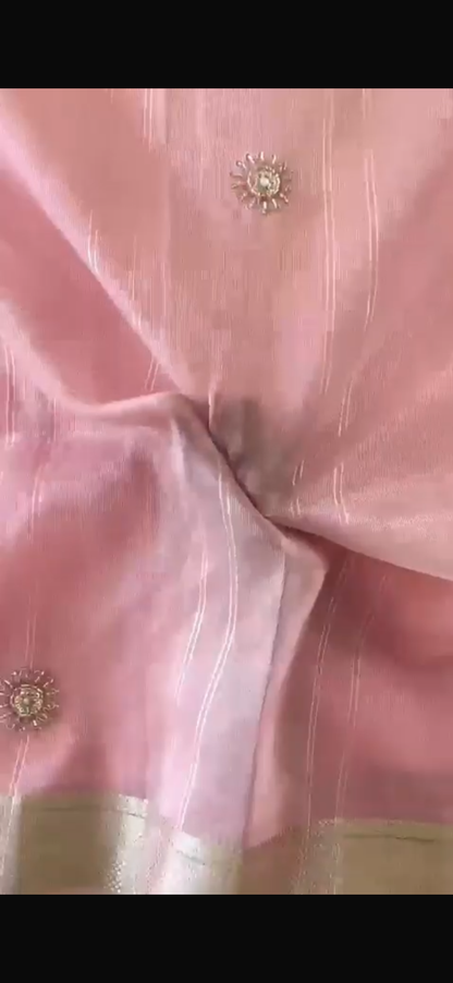 Pure Tissue Linen Silk Saree with Moti, Beads & Katdana Embroidery