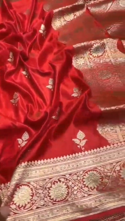 Handloom Red Katan Silk Banarasi Saree with Intricate Zari Weaving