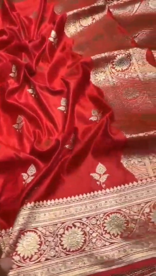 Handloom Red Katan Silk Banarasi Saree with Intricate Zari Weaving