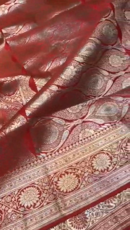 Handloom Red Katan Silk Banarasi Saree with Intricate Zari Weaving