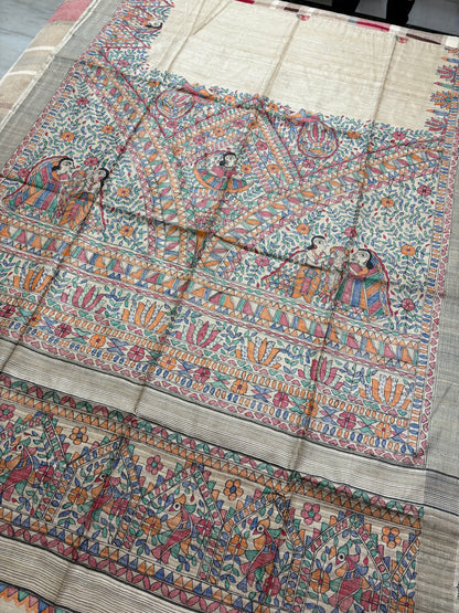 HANDLOOM TUSSAR  HANDPAINTED MADHUBANI SAREE
