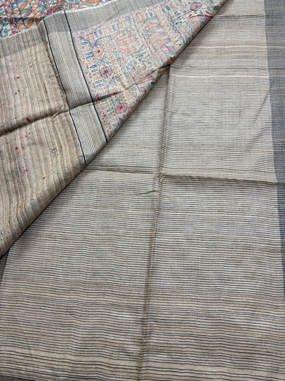 HANDLOOM TUSSAR  HANDPAINTED MADHUBANI SAREE