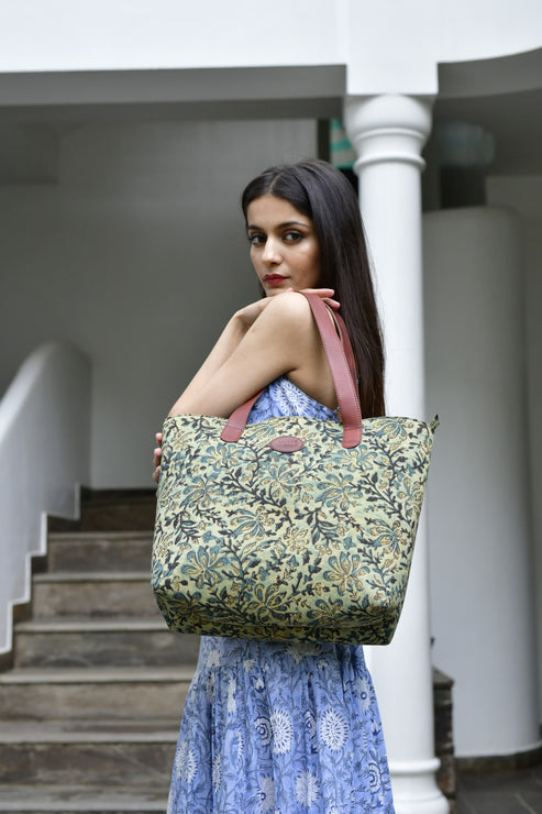 Vintage Vougue Blockprinted Zipper Tote