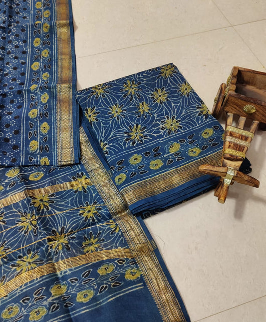 Maheshwari Silk Top and Duppata with Hand Stitched Shibori Work and Ajrak Dabu Print