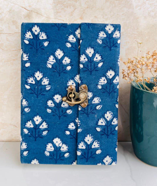 Indigo Handblock Print Fabric Journal with Brass Lock