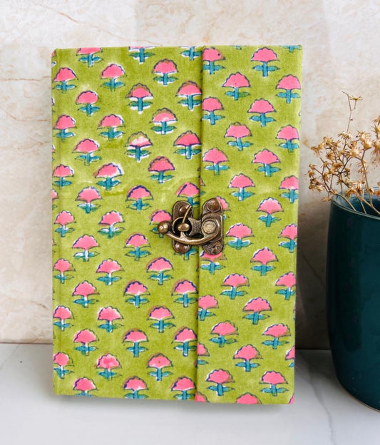 Green Handblock Print Fabric Journal with Brass Lock