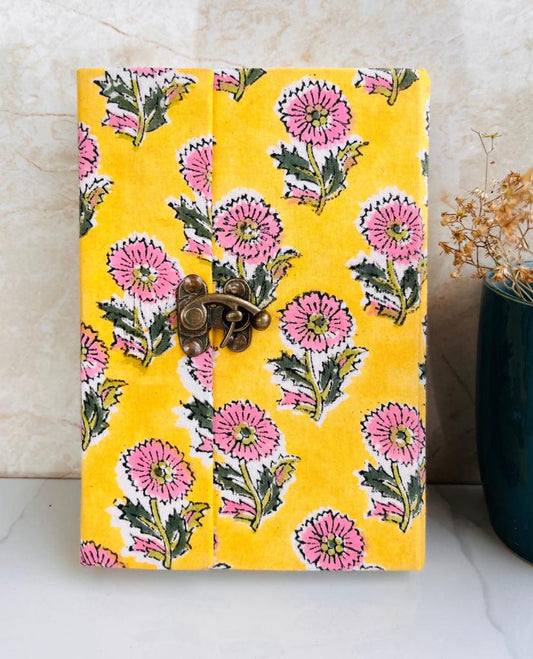 Yellow Handblock Print Fabric Journal with Brass Lock