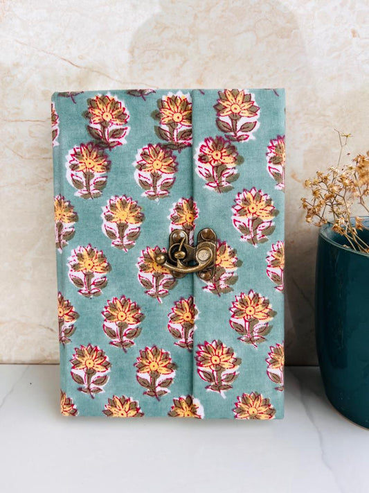 Teal Handblock Print Fabric Journal with Brass Lock