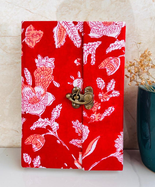 Red Handblock Print Fabric Journal with Brass Lock