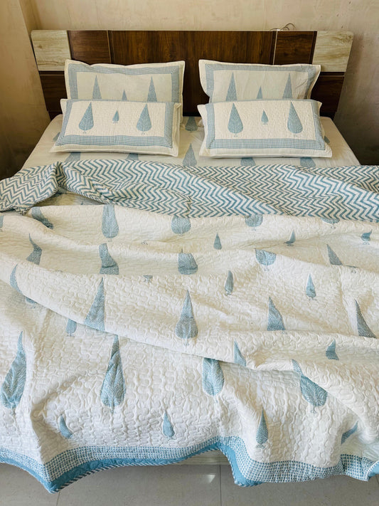 King Size Hand Block Double Bed Pure Cotton Quilted Comforter Set with Bedsheet & Pillow Covers