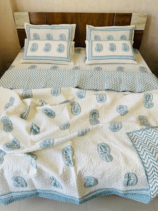 King Size Hand Block Double Bed Pure Cotton Quilted Comforter Set with Bedsheet & Pillow Covers