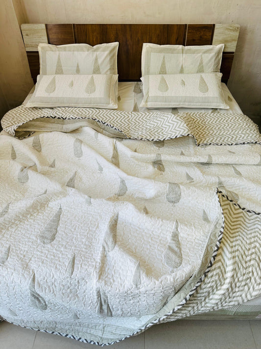 King Size Hand Block Double Bed Pure Cotton Quilted Comforter Set with Bedsheet & Pillow Covers