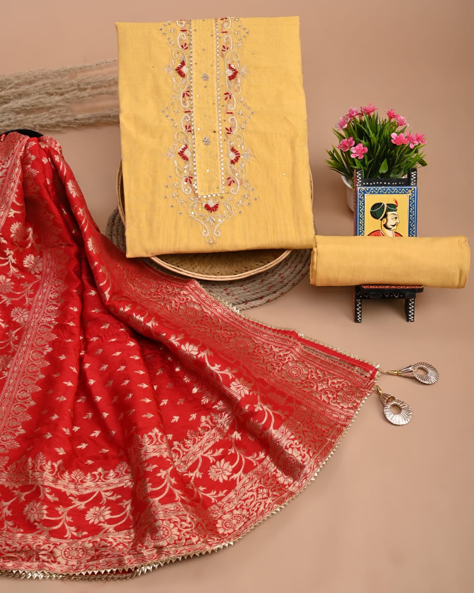 Chanderi Silk Suit With Dola / Chiffon Dupatta