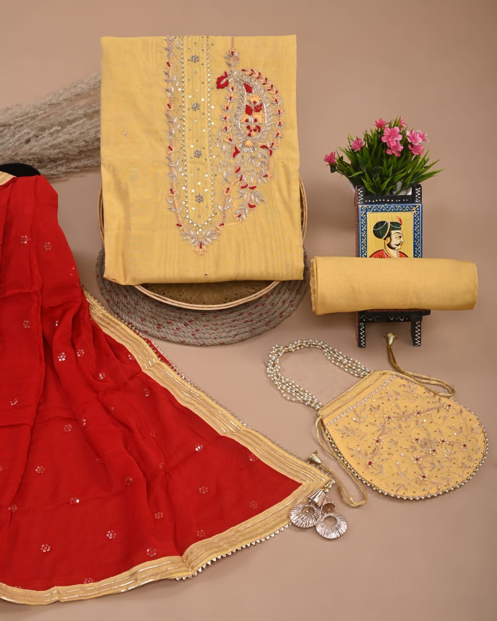 Chanderi Silk Suit With Dola / Chiffon Dupatta