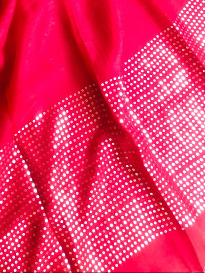 Red Pure Muslin Sequinced Jamdani Saree with Matka Silk Blouse Piece