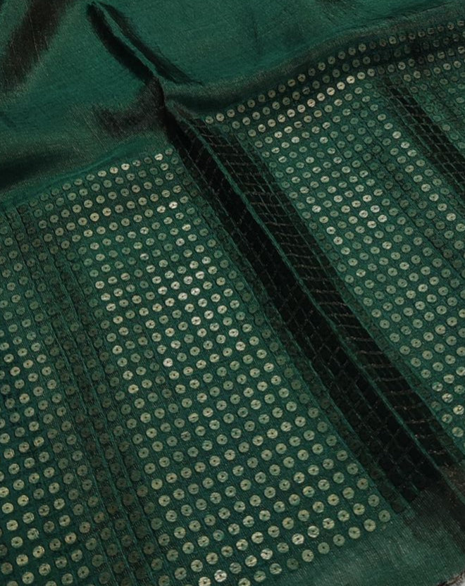 Dark Green Pure Muslin Sequinced Jamdani Saree with Matka Silk Blouse Piece