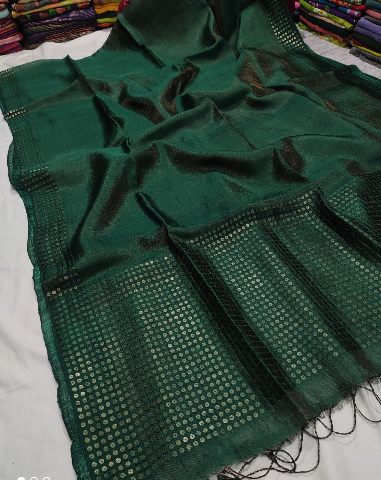 Dark Green Pure Muslin Sequinced Jamdani Saree with Matka Silk Blouse Piece