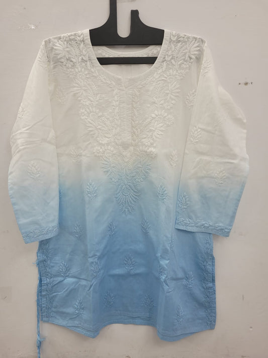Ombre Mul Cotton Short Kurti with Fine Ghaas Patti Work