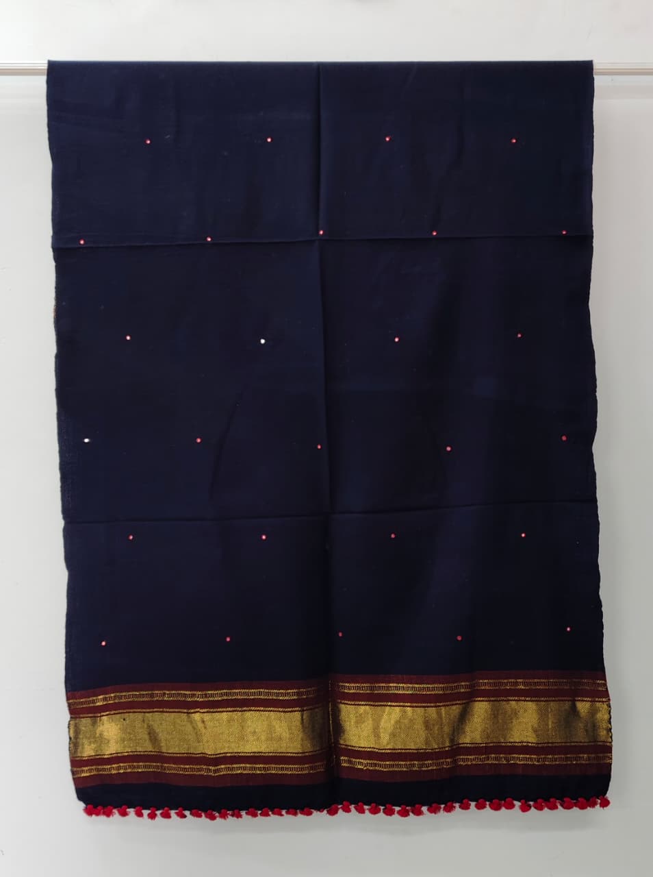 Kutch Handloom Weave Shawl with Zari Border and Mirror Work