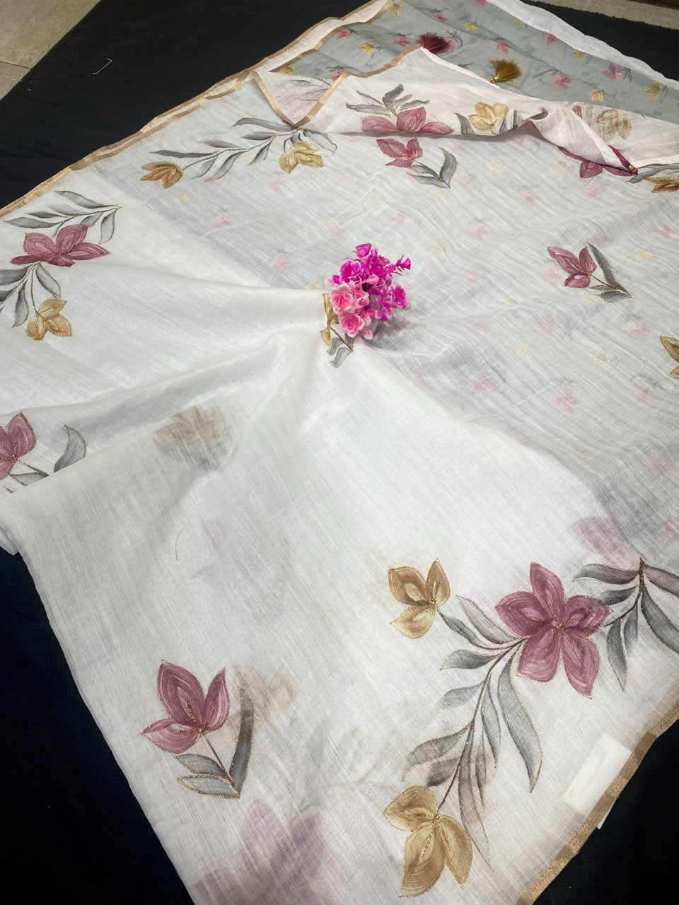 Hand Painted Semi Tussar Cotton White Handwoven Saree  