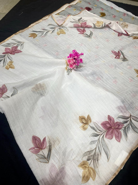 Hand Painted Semi Tussar Cotton White Handwoven Saree  