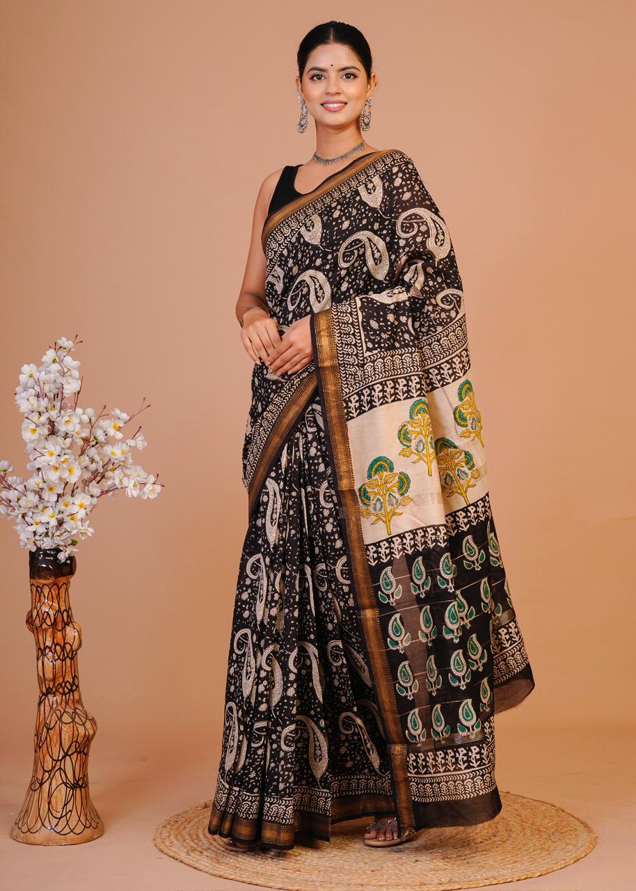 Hand Block Print Maheshwari Silk Saree