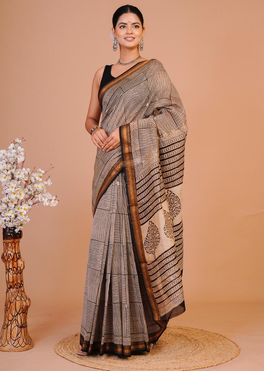 Hand Block Print Maheshwari Silk Saree